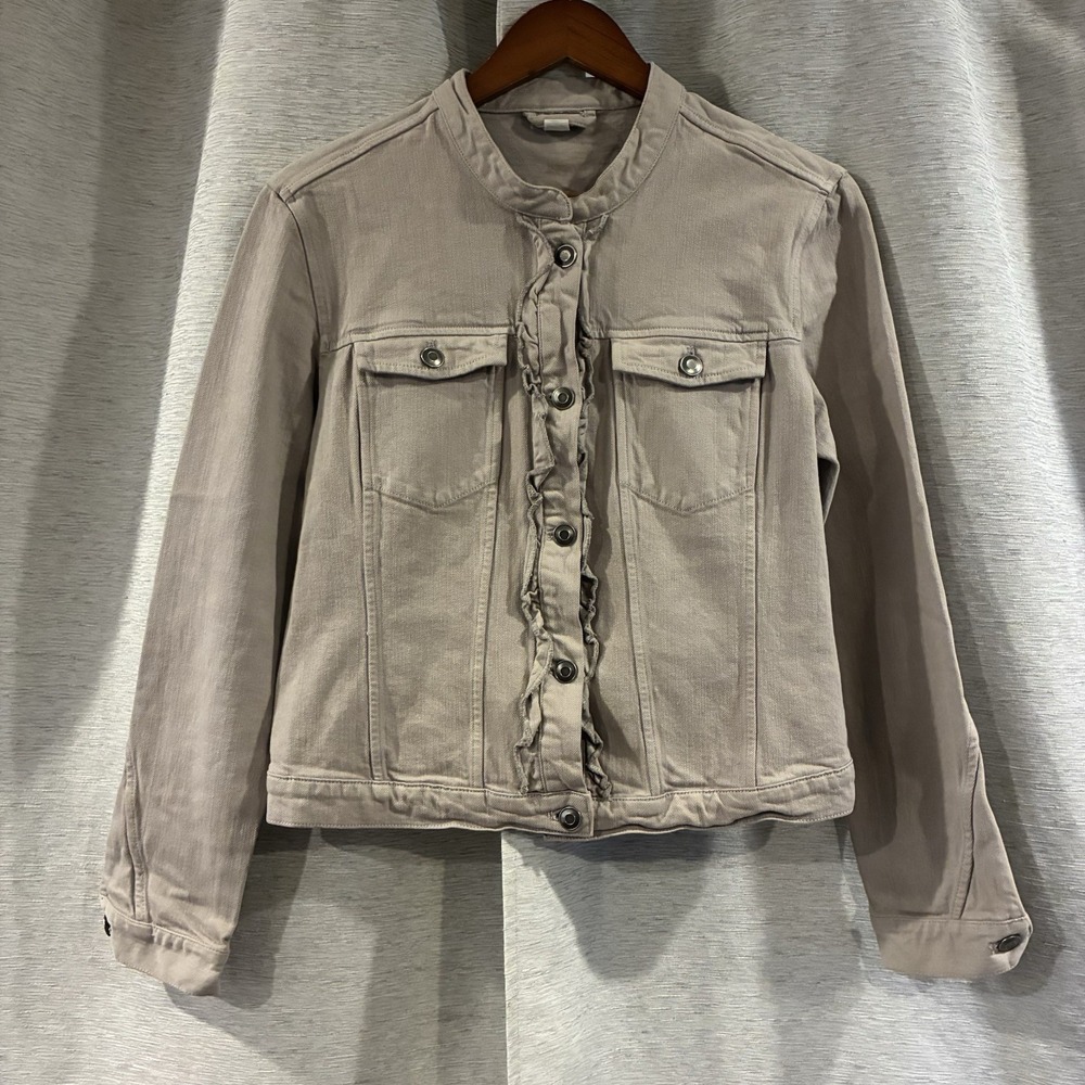 Garnet Hill Denim Jacket Womens 8 Beige Feminine‎ Romantic Casual Ruffle Trim